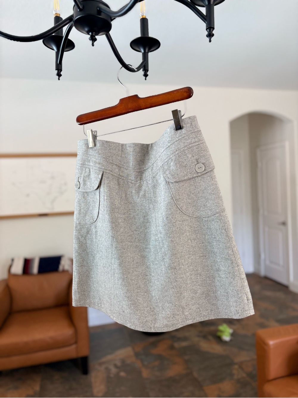 Fossil Heathered Gray Mini Skirt with Buttoned Front Pockets